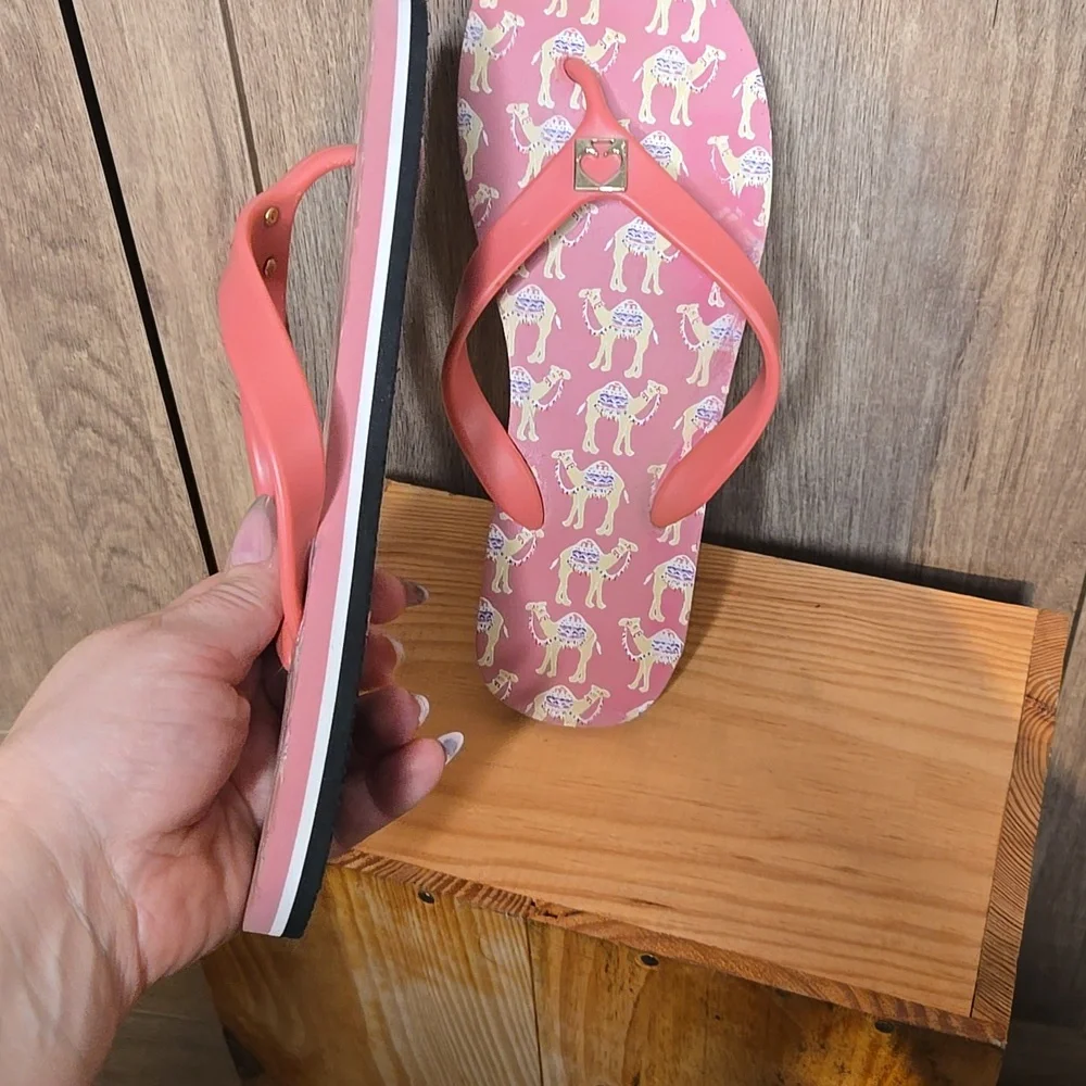 Kate Spade Pink Flip Flops with camel Print
